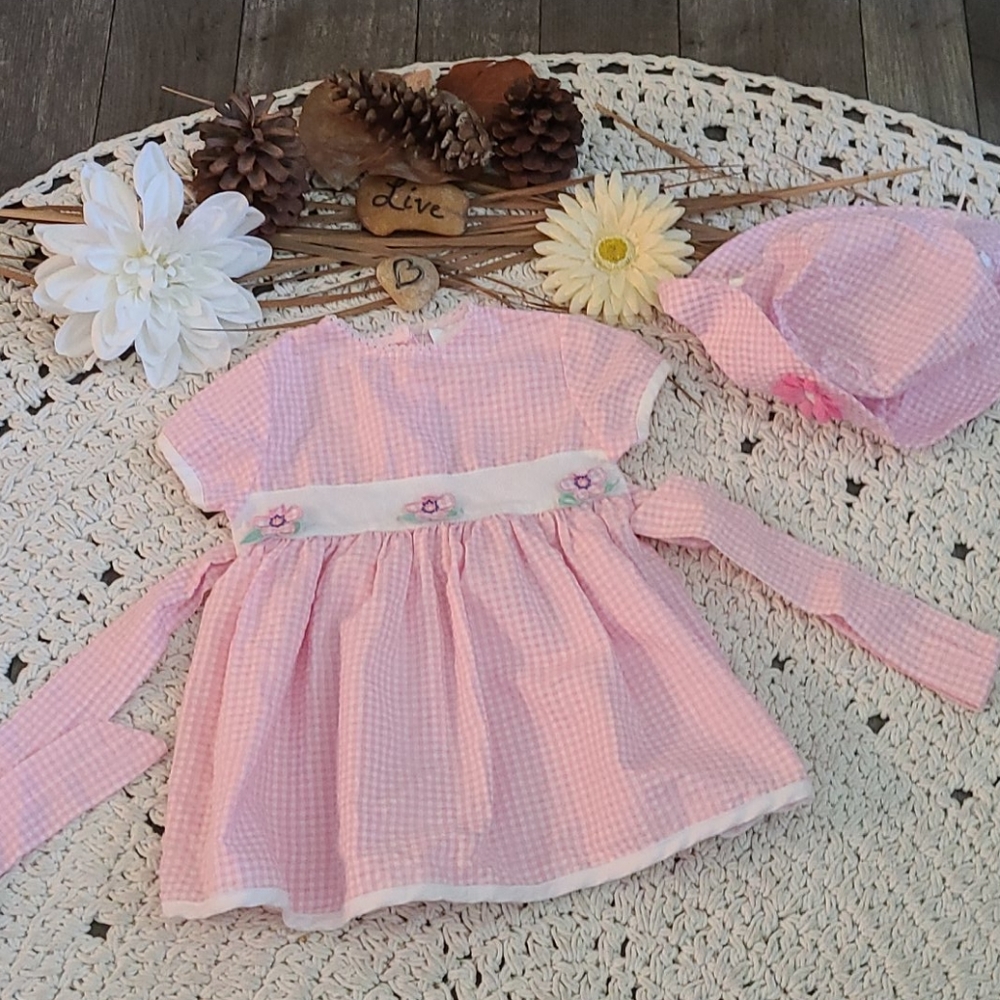 BEAUTIFUL SUMMER 18 MONTHS DRESS / HAT PINK WHITE - Picture 14 of 16